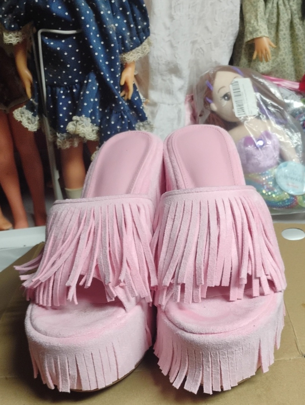 Pink Fringe Platform Slide Sandals